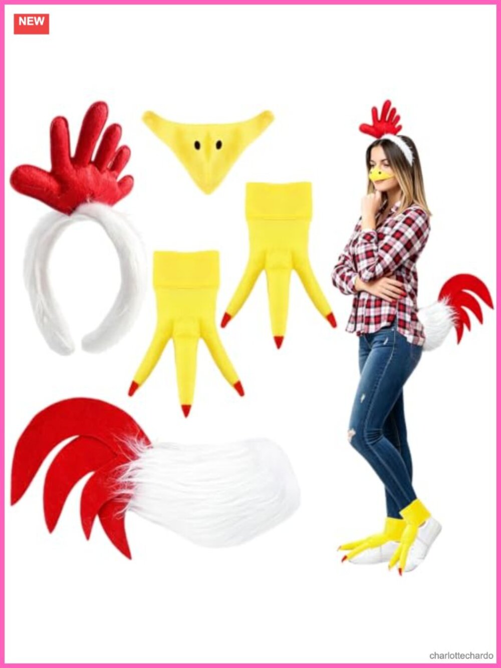 Rooster Chicken Costume Set Headband Tail Beak Feet Covers Cosplay Halloween